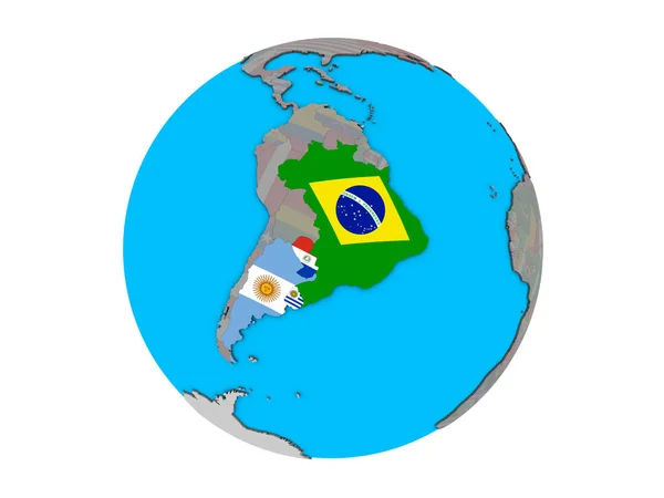 Mercosur Memebers Mavi Siyasi Dünya Üzerinde Katıştırılmış Ülke Bayrakları Ile — Stok fotoğraf