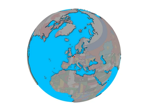 比荷卢联盟在蓝色政治3D 地球上嵌入国旗 例证查出在白色背景 — 图库照片