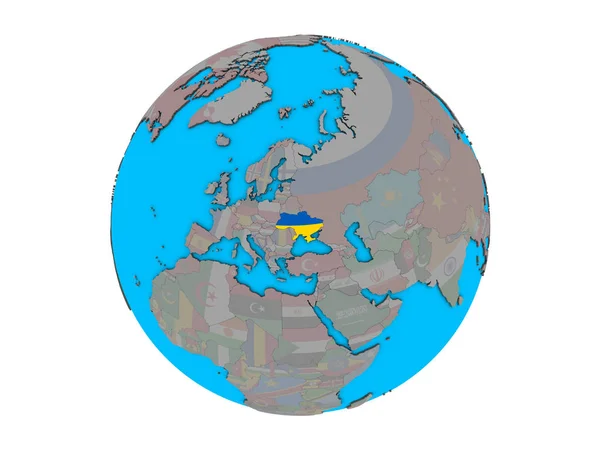 Ukraina Osadzonych Flagi Narodowej Niebieski Globus Polityczny Ilustracja Białym Tle — Zdjęcie stockowe