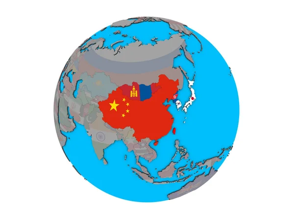 东亚与嵌入国旗在蓝色政治3D 例证查出在白色背景 — 图库照片