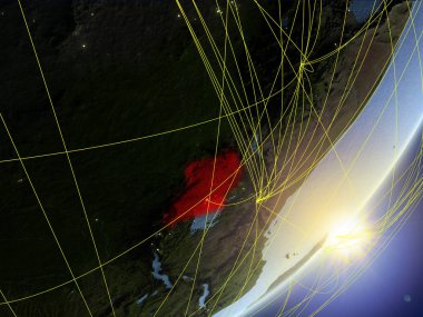 Uganda modeli bir gündoğumu sırasında ağ ile dünya gezegeni. Yeni teknoloji, iletişim ve seyahat kavramı. 3D çizim. Nasa tarafından döşenmiş bu görüntü unsurları.