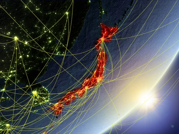 Japan on model of planet Earth with network during sunrise. Concept of new technology, communication and travel. 3D illustration. Elements of this image furnished by NASA.