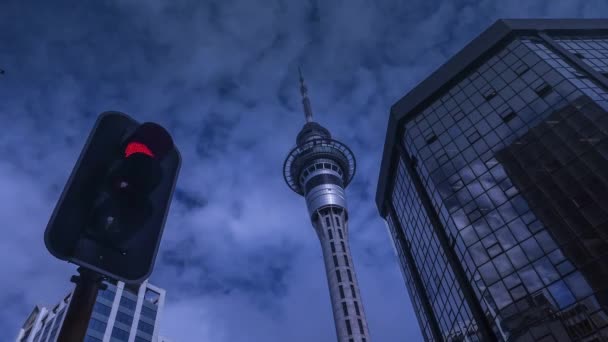 Sky Tower Auckland Zéland Keresi Fel Közlekedési Lámpák Hivatal Felé — Stock videók