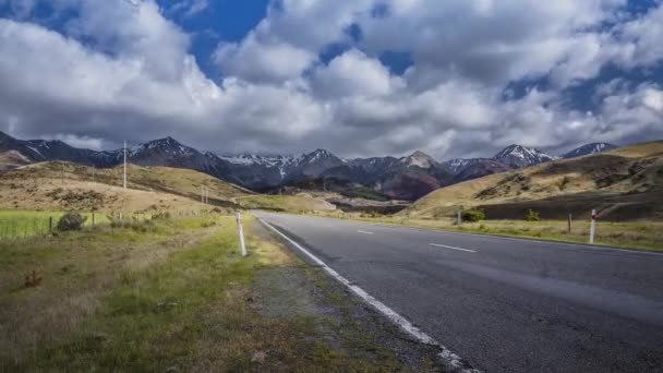 Scenic Road Leading Arthurs Pass New Zealand Peaks Southern Alps — Stock Video