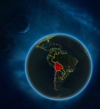Ay ve Samanyolu ile uzaydan Bolivya geceleri. Detaylı Dünya gezegeni şehir ışıkları ve görünür ülke sınırları ile. 3D çizim. Nasa tarafından döşenmiş bu görüntü unsurları.