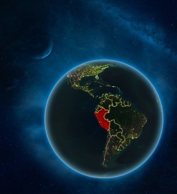 Ay ve Samanyolu ile uzaydan Peru geceleri. Detaylı Dünya gezegeni şehir ışıkları ve görünür ülke sınırları ile. 3D çizim. Nasa tarafından döşenmiş bu görüntü unsurları.