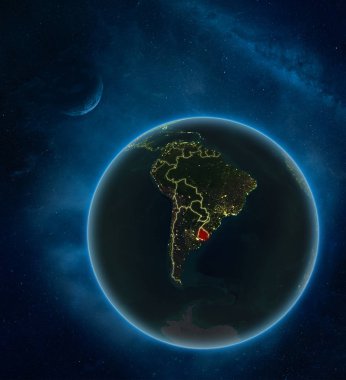Ay ve Samanyolu ile uzaydan Uruguay geceleri. Detaylı Dünya gezegeni şehir ışıkları ve görünür ülke sınırları ile. 3D çizim. Nasa tarafından döşenmiş bu görüntü unsurları.