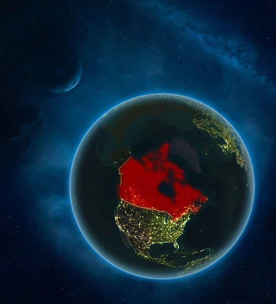 Canada at night from space with Moon and Milky Way. Detailed planet Earth with city lights and visible country borders. 3D illustration. Elements of this image furnished by NASA.