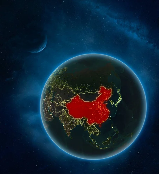 China at night from space with Moon and Milky Way. Detailed planet Earth with city lights and visible country borders. 3D illustration. Elements of this image furnished by NASA.