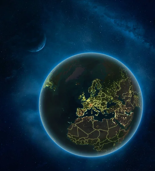 瑞士在夜间从太空与月亮和银河系 详细的行星地球与城市光和可看见的国家边界 美国宇航局提供的这张图片的元素 — 图库照片