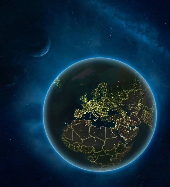 黑山在夜间从太空与月亮和银河系 详细的行星地球与城市光和可看见的国家边界 美国宇航局提供的这张图片的元素 — 图库照片