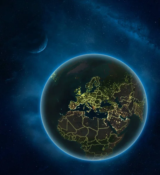 阿尔巴尼亚在夜间从空间与月亮和银河系 详细的行星地球与城市光和可看见的国家边界 美国宇航局提供的这张图片的元素 — 图库照片