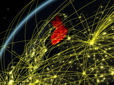 Finlandiya modeli bir uluslararası ağları ile gece dünya gezegeni. Dijital iletişim ve teknoloji kavramı. 3D çizim. Nasa tarafından döşenmiş bu görüntü unsurları.