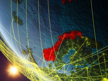 Norveç Planet Earth ağ ile uzaydan. Uluslararası iletişim, teknoloji ve seyahat kavramı. 3D çizim. Nasa tarafından döşenmiş bu görüntü unsurları.