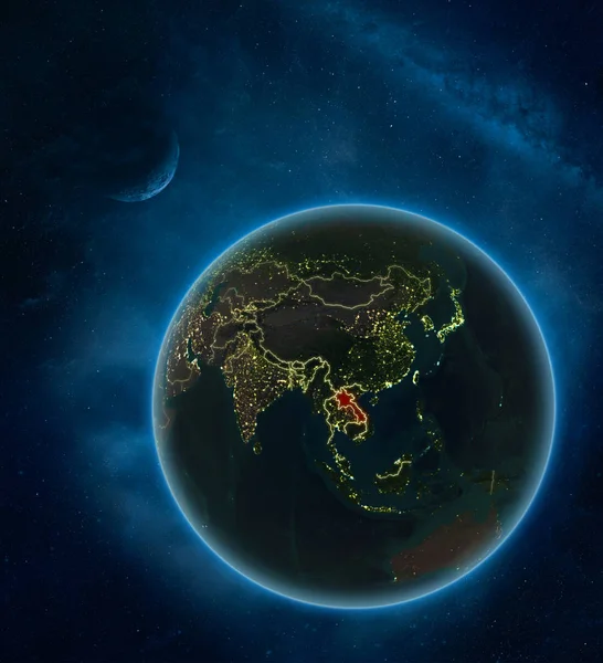 Laos Nachts Vanuit Ruimte Met Maan Melkweg Gedetailleerde Planeet Aarde — Stockfoto