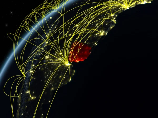 Uruguay Modell Des Planeten Erde Bei Nacht Mit Internationalen Netzwerken — Stockfoto