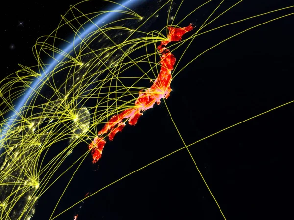 Japan on model of planet Earth at night with international networks. Concept of digital communication and technology. 3D illustration. Elements of this image furnished by NASA.