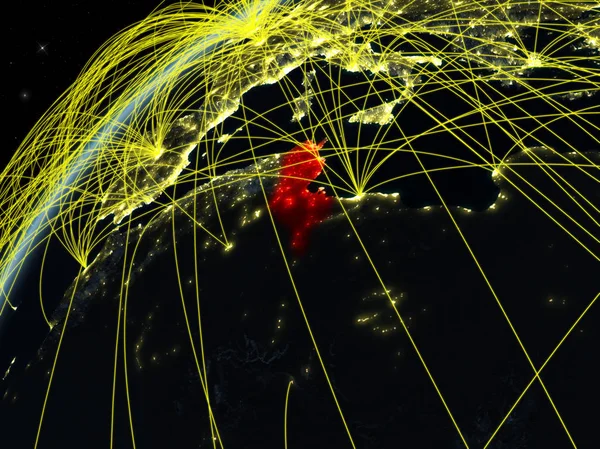 Tunisie Sur Modèle Planète Terre Nuit Avec Les Réseaux Internationaux — Photo