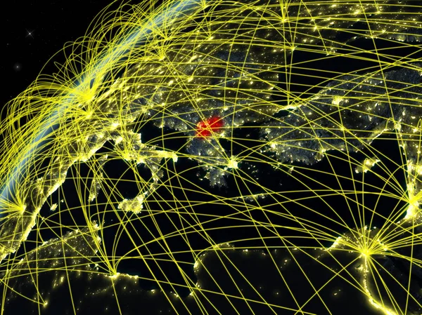 Macedónia Modelo Planeta Terra Noite Com Redes Internacionais Conceito Comunicação — Fotografia de Stock