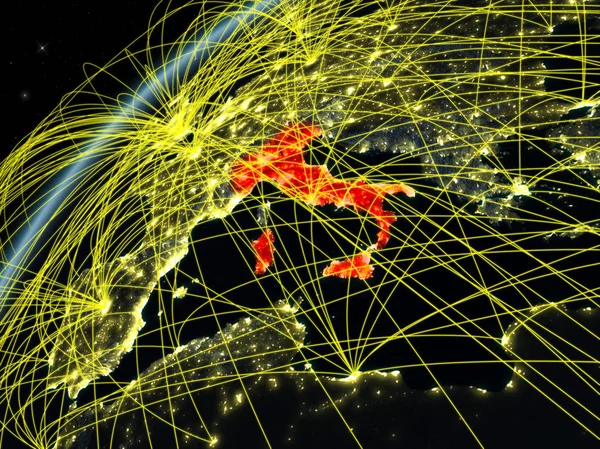 Italien Modell Des Planeten Erde Bei Nacht Mit Internationalen Netzwerken — Stockfoto