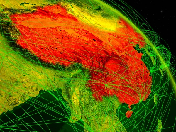 China from space on model of digital planet Earth with network. Concept of digital technology, connectivity and travel. 3D illustration. Elements of this image furnished by NASA.