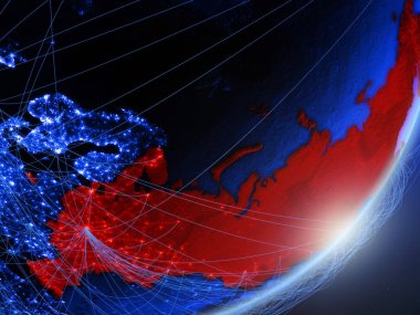 Rusya yeşil modeli bir gece ağı ile dünya gezegeni. Kavramı mavi dijital teknoloji, iletişim ve seyahat. 3D çizim. Nasa tarafından döşenmiş bu görüntü unsurları.
