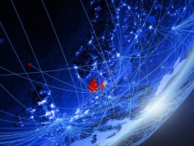 Danimarka yeşil modeli bir gece ağı ile dünya gezegeni. Kavramı mavi dijital teknoloji, iletişim ve seyahat. 3D çizim. Nasa tarafından döşenmiş bu görüntü unsurları.