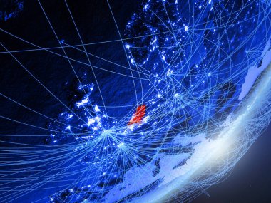 Hollanda gece ağı ile Dünya gezegeninin yeşil modeli. Kavramı mavi dijital teknoloji, iletişim ve seyahat. 3D çizim. Nasa tarafından döşenmiş bu görüntü unsurları.