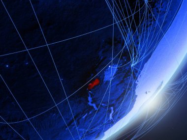 Ruanda yeşil modeli bir gece ağı ile dünya gezegeni. Kavramı mavi dijital teknoloji, iletişim ve seyahat. 3D çizim. Nasa tarafından döşenmiş bu görüntü unsurları.
