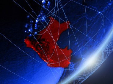 Peru yeşil modeli bir gece ağı ile dünya gezegeni. Kavramı mavi dijital teknoloji, iletişim ve seyahat. 3D çizim. Nasa tarafından döşenmiş bu görüntü unsurları.