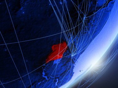 Uganda ağ gece ile Dünya gezegeninin yeşil modeli. Kavramı mavi dijital teknoloji, iletişim ve seyahat. 3D çizim. Nasa tarafından döşenmiş bu görüntü unsurları.