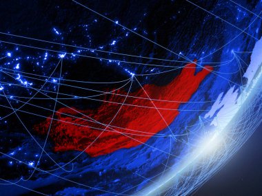 Moğolistan yeşil modeli bir gece ağı ile dünya gezegeni. Kavramı mavi dijital teknoloji, iletişim ve seyahat. 3D çizim. Nasa tarafından döşenmiş bu görüntü unsurları.