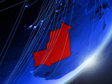 Moritanya yeşil modeli bir gece ağı ile dünya gezegeni. Kavramı mavi dijital teknoloji, iletişim ve seyahat. 3D çizim. Nasa tarafından döşenmiş bu görüntü unsurları.