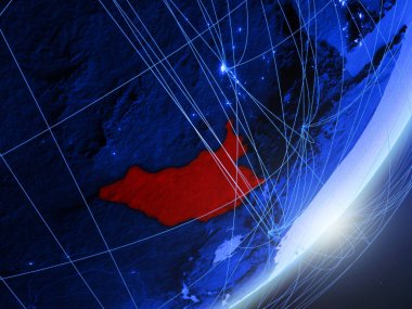 Güney Sudan yeşil modeli bir gece ağı ile dünya gezegeni. Kavramı mavi dijital teknoloji, iletişim ve seyahat. 3D çizim. Nasa tarafından döşenmiş bu görüntü unsurları.