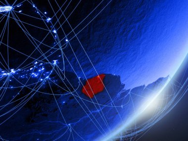 Surinam yeşil modeli bir gece ağı ile dünya gezegeni. Kavramı mavi dijital teknoloji, iletişim ve seyahat. 3D çizim. Nasa tarafından döşenmiş bu görüntü unsurları.