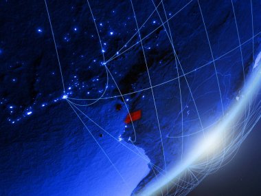 Ekvator Ginesi yeşil modeli bir gece ağı ile dünya gezegeni. Kavramı mavi dijital teknoloji, iletişim ve seyahat. 3D çizim. Nasa tarafından döşenmiş bu görüntü unsurları.