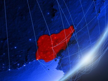 Nijerya yeşil modeli bir gece ağı ile dünya gezegeni. Kavramı mavi dijital teknoloji, iletişim ve seyahat. 3D çizim. Nasa tarafından döşenmiş bu görüntü unsurları.