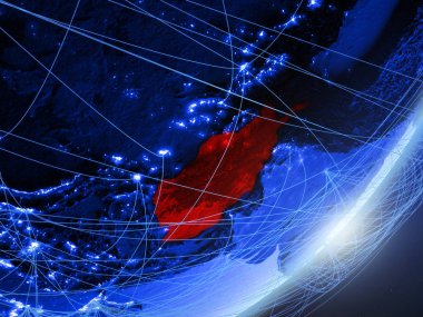 Afganistan yeşil modeli bir gece ağı ile dünya gezegeni. Kavramı mavi dijital teknoloji, iletişim ve seyahat. 3D çizim. Nasa tarafından döşenmiş bu görüntü unsurları.