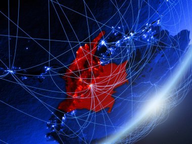 Kolombiya yeşil modeli bir gece ağı ile dünya gezegeni. Kavramı mavi dijital teknoloji, iletişim ve seyahat. 3D çizim. Nasa tarafından döşenmiş bu görüntü unsurları.