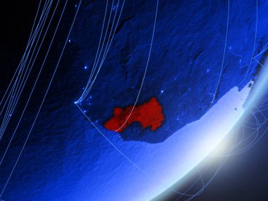 Gine gece ağı ile Dünya gezegeninin yeşil modeli. Kavramı mavi dijital teknoloji, iletişim ve seyahat. 3D çizim. Nasa tarafından döşenmiş bu görüntü unsurları.