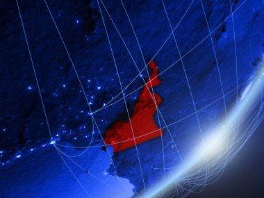 Kamerun yeşil modeli bir gece ağı ile dünya gezegeni. Kavramı mavi dijital teknoloji, iletişim ve seyahat. 3D çizim. Nasa tarafından döşenmiş bu görüntü unsurları.