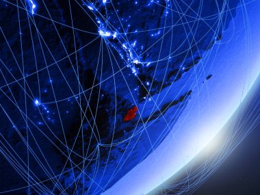 Cibuti yeşil modeli bir gece ağı ile dünya gezegeni. Kavramı mavi dijital teknoloji, iletişim ve seyahat. 3D çizim. Nasa tarafından döşenmiş bu görüntü unsurları.
