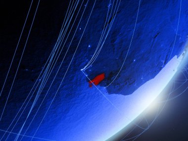 Gine-Bissau yeşil modeli bir gece ağı ile dünya gezegeni. Kavramı mavi dijital teknoloji, iletişim ve seyahat. 3D çizim. Nasa tarafından döşenmiş bu görüntü unsurları.