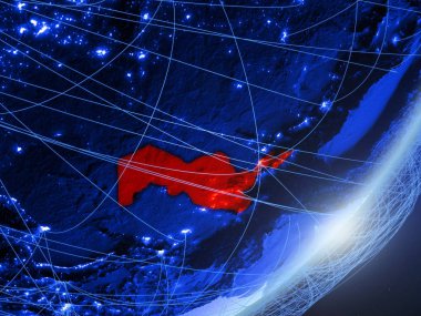 Özbekistan yeşil modeli bir gece ağı ile dünya gezegeni. Kavramı mavi dijital teknoloji, iletişim ve seyahat. 3D çizim. Nasa tarafından döşenmiş bu görüntü unsurları.