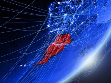 Fas yeşil modeli bir gece ağı ile dünya gezegeni. Kavramı mavi dijital teknoloji, iletişim ve seyahat. 3D çizim. Nasa tarafından döşenmiş bu görüntü unsurları.