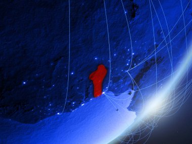 Benin yeşil modeli bir gece ağı ile dünya gezegeni. Kavramı mavi dijital teknoloji, iletişim ve seyahat. 3D çizim. Nasa tarafından döşenmiş bu görüntü unsurları.