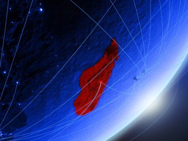 Madagaskar yeşil modeli bir gece ağı ile dünya gezegeni. Kavramı mavi dijital teknoloji, iletişim ve seyahat. 3D çizim. Nasa tarafından döşenmiş bu görüntü unsurları.