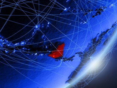 Nikaragua yeşil modeli bir gece ağı ile dünya gezegeni. Kavramı mavi dijital teknoloji, iletişim ve seyahat. 3D çizim. Nasa tarafından döşenmiş bu görüntü unsurları.