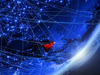 Azerbaycan yeşil modeli bir gece ağı ile dünya gezegeni. Kavramı mavi dijital teknoloji, iletişim ve seyahat. 3D çizim. Nasa tarafından döşenmiş bu görüntü unsurları.