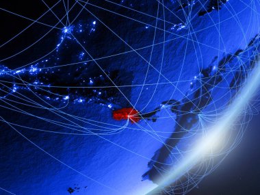 Kosta Rika yeşil modeli bir gece ağı ile dünya gezegeni. Kavramı mavi dijital teknoloji, iletişim ve seyahat. 3D çizim. Nasa tarafından döşenmiş bu görüntü unsurları.